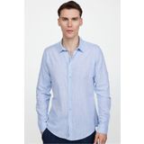 Tudors Erkek Slim Fit Dar Kesim Uzun Kollu %100 Pamuk Keten Doku Apoletli Mavi Gömlek