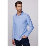 Tudors Erkek Slim Fit Dar Kesim Uzun Kollu %100 Pamuk Keten Doku Çift Cep Biyeli Mavi Gömlek
