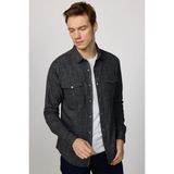 Tudors Erkek Slim Fit Dar Kesim Uzun Kollu %100 Pamuk Keten Doku Çift Cep Çıtçıtlı Siyah Gömlek