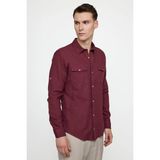 Tudors Erkek Slim Fit Dar Kesim Uzun Kollu %100 Pamuk Keten Doku Çift Cep Spor Yaka Bordo Gömlek