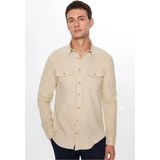 Tudors Erkek Slim Fit Dar Kesim Uzun Kollu %100 Pamuk Keten Doku Çift Cep Spor Yaka Taş Rengi Gömlek - 2XL