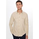 Tudors Erkek Slim Fit Dar Kesim Uzun Kollu %100 Pamuk Keten Doku Çift Cep Spor Yaka Taş Rengi Gömlek - XL