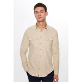 Tudors Erkek Slim Fit Dar Kesim Uzun Kollu %100 Pamuk Keten Doku Çift Cep Spor Yaka Taş Rengi Gömlek