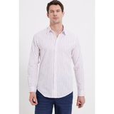 Tudors Erkek Slim Fit Dar Kesim Uzun Kollu %100 Pamuk Keten Doku Çizgili Gömlek - Beyaz