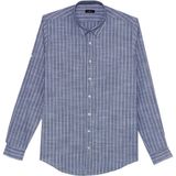 Tudors Erkek Slim Fit Dar Kesim Uzun Kollu %100 Pamuk Keten Doku Çizgili Gömlek - Lacivert - 2XL