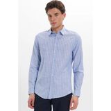 Tudors Erkek Slim Fit Dar Kesim Uzun Kollu %100 Pamuk Keten Doku Çizgili Gömlek - Mavi1 - XL