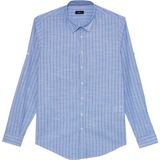 Tudors Erkek Slim Fit Dar Kesim Uzun Kollu %100 Pamuk Keten Doku Çizgili Gömlek - Mavi1
