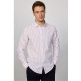 Tudors Erkek Slim Fit Dar Kesim Uzun Kollu %100 Pamuk Keten Doku Çizgili Gömlek