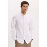 Tudors Erkek Slim Fit Dar Kesim Uzun Kollu %100 Pamuk Keten Doku Çizgili Hakim Yaka Gömlek - Bej - XL