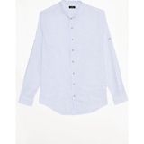 Tudors Erkek Slim Fit Dar Kesim Uzun Kollu %100 Pamuk Keten Doku Çizgili Hakim Yaka Gömlek - Mavi - XL
