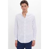 Tudors Erkek Slim Fit Dar Kesim Uzun Kollu %100 Pamuk Keten Doku Çizgili Hakim Yaka Gömlek - Mavi
