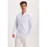 Tudors Erkek Slim Fit Dar Kesim Uzun Kollu %100 Pamuk Keten Doku Çizgili Hakim Yaka Gömlek - Saks Mavi - XL