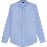 Tudors Erkek Slim Fit Dar Kesim Uzun Kollu %100 Pamuk Keten Doku Çizgili Mavi Gömlek