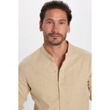 Tudors Erkek Slim Fit Dar Kesim Uzun Kollu %100 Pamuk Keten Doku Hakim Yaka Bej Gömlek