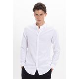 Tudors Erkek Slim Fit Dar Kesim Uzun Kollu %100 Pamuk Keten Doku Hakim Yaka Beyaz Gömlek