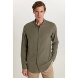Tudors Erkek Slim Fit Dar Kesim Uzun Kollu %100 Pamuk Keten Doku Hakim Yaka Haki Gömlek - XL - Hakı - Süet