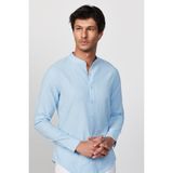 Tudors Erkek Slim Fit Dar Kesim Uzun Kollu %100 Pamuk Keten Doku Hakim Yaka Mavi Gömlek