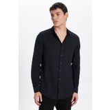 Tudors Erkek Slim Fit Dar Kesim Uzun Kollu %100 Pamuk Keten Doku Hakim Yaka Siyah Gömlek