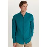 Tudors Erkek Slim Fit Dar Kesim Uzun Kollu %100 Pamuk Keten Doku Hakim Yaka Yeşil Gömlek - XL