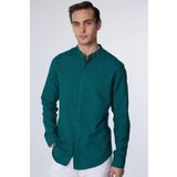 Tudors Erkek Slim Fit Dar Kesim Uzun Kollu %100 Pamuk Keten Doku Hakim Yaka Yeşil Gömlek