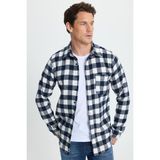 Tudors Erkek Slim Fit Dar Kesim Uzun Kollu Cepli Kareli Dama Desenli Kışlık Oduncu Gömlek - Ekru - Lacivert