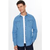 Tudors Erkek Slim Fit Dar Kesim Uzun Kollu Çift Cepli Kapaklı Parça Dikişli Mavi Denim Kot Gömlek