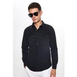 Tudors Erkek Slim Fit Dar Kesim Uzun Kollu denim Kot Çift Cep Çıtçıtlı Siyah Gömlek