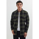Tudors Erkek Slim Fit Dar Kesim Uzun Kollu Kapaklı Çift Cepli Kareli Kışlık Oduncu Gömlek - Haki - Siyah - XL