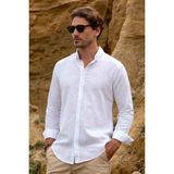 Tudors Erkek Slim Fit Dar Kesim Uzun Kollu Keten Premium Seri Düğmeli Yaka Spor Beyaz Gömlek