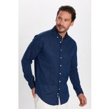 Tudors Erkek Slim Fit Dar Kesim Uzun Kollu Keten Premium Seri Düğmeli Yaka Spor İndigo Gömlek