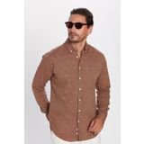 Tudors Erkek Slim Fit Dar Kesim Uzun Kollu Keten Premium Seri Düğmeli Yaka Spor Kahverengi Gömlek