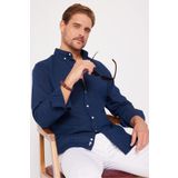 Tudors Erkek Slim Fit Dar Kesim Uzun Kollu Keten Premium Seri Düğmeli Yaka Spor Lacivert Gömlek