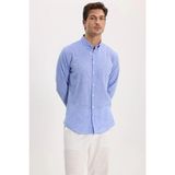 Tudors Erkek Slim Fit Dar Kesim Uzun Kollu Keten Premium Seri Düğmeli Yaka Spor Mavi Gömlek - 2XL