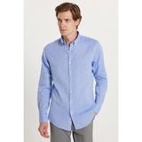 Tudors Erkek Slim Fit Dar Kesim Uzun Kollu Keten Premium Seri Düğmeli Yaka Spor Mavi Gömlek - Mavi1