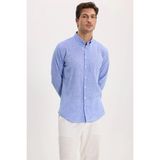 Tudors Erkek Slim Fit Dar Kesim Uzun Kollu Keten Premium Seri Düğmeli Yaka Spor Mavi Gömlek - XL
