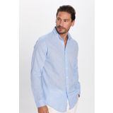 Tudors Erkek Slim Fit Dar Kesim Uzun Kollu Keten Premium Seri Düğmeli Yaka Spor Mavi Gömlek
