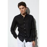 Tudors Erkek Slim Fit Dar Kesim Uzun Kollu Keten Premium Seri Düğmeli Yaka Spor Siyah Gömlek - XL