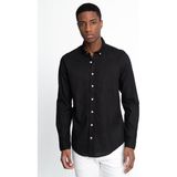 Tudors Erkek Slim Fit Dar Kesim Uzun Kollu Keten Premium Seri Düğmeli Yaka Spor Siyah Gömlek