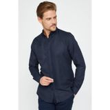 Tudors Erkek Slim Fit Dar Kesim Uzun Kollu Pamuklu Oxford Doku Kolay Ütü Lacivert Düğmeli Yaka Gömlek