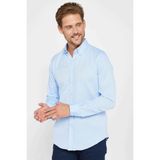 Tudors Erkek Slim Fit Dar Kesim Uzun Kollu Pamuklu Oxford Doku Kolay Ütü Mavi Düğmeli Yaka Gömlek