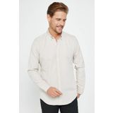 Tudors Erkek Slim Fit Dar Kesim Uzun Kollu Pamuklu Oxford Doku Kolay Ütü Taş Renk Düğmeli Yaka Gömlek
