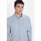 Tudors Erkek Slim Fit Dar Kesim Uzun Kollu Pamuklu Oxford Doku Kolay Ütülenebilir Mavi Düğmeli Yaka Gömlek