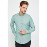 Tudors Erkek Slim Fit Dar Kesim Uzun Kollu Pamuklu Oxford Doku Kolay Ütülenebilir Yeşil Düğmeli Yaka Gömlek