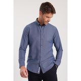 Tudors Erkek Slim Fit Dar Kesim Uzun Kollu Pamuklu Oxford Doku Lacivert Düğmeli Yaka Gömlek - Mavi