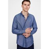 Tudors Erkek Slim Fit Dar Kesim Uzun Kollu Pamuklu Oxford Doku Lacivert Düğmeli Yaka Gömlek - XL