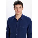 Tudors Erkek Slim Fit Dar Kesim Uzun Kollu%100 Pamuk Keten Doku Çift Cep Spor Yaka Lacivert Gömlek, 2XL