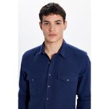 Tudors Erkek Slim Fit Dar Kesim Uzun Kollu%100 Pamuk Keten Doku Çift Cep Spor Yaka Lacivert Gömlek, XL