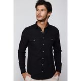 Tudors Erkek Slim Fit Dar Kesim Uzun Kollu%100 Pamuk Keten Doku Çift Cep Spor Yaka Siyah Gömlek, 2XL