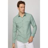 Tudors Erkek Slim Fit Dar Kesim Uzun Kollu%100 Pamuk Keten Doku Çift Cep Spor Yaka Yeşil Gömlek, 2XL