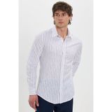 Tudors Erkek Slim Fit Dar Kesim Uzun Kollu%100 Pamuk Keten Doku Çizgili Gömlek, Beyaz, L